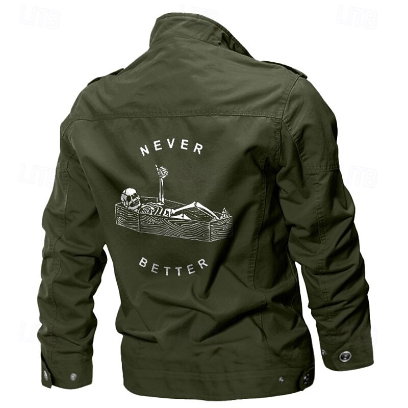 Men's Cotton Embroidered Military Jacket Cargo Jacket with Shoulder Straps Long Sleeve Standing Collar Multi-Pockets Coat Trucker Jacket Skull Letter Print Tactical Outerwear4