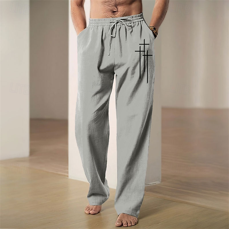 Men's Graphic Cross Faith Pants Trousers Mid Waist Casual Daily Wear Vacation Going out Spring Fall Black Blue Green4