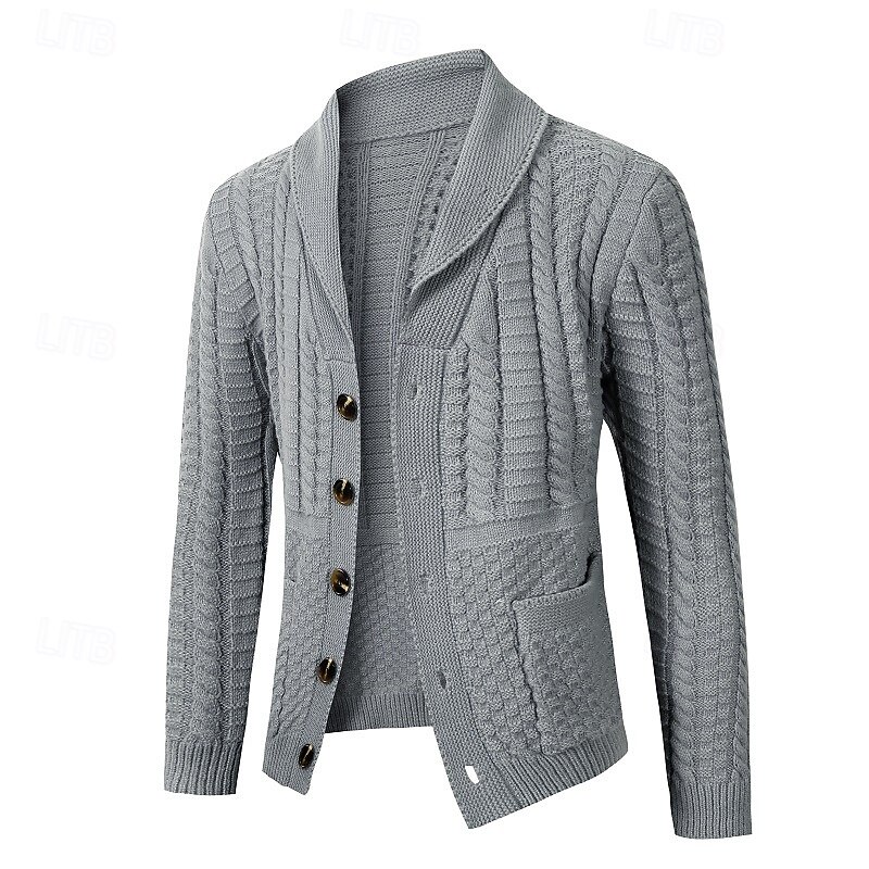 Men's Cardigan Sweater Cropped  Sweater Knit Sweater Ribbed Knit Regular Button Up Pocket Plain Shawl Collar Fashion Classic Daily Wear Date Clothing Apparel Fall & Winter Black Light Grey M L XL2