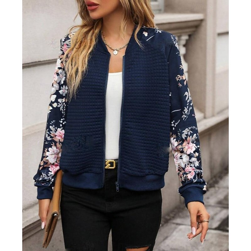 Women's Vacation Stand Collar Patchwork Floral Botanical Windproof Fashion Regular Fit Outerwear Long Sleeve Fall Navy Blue S4