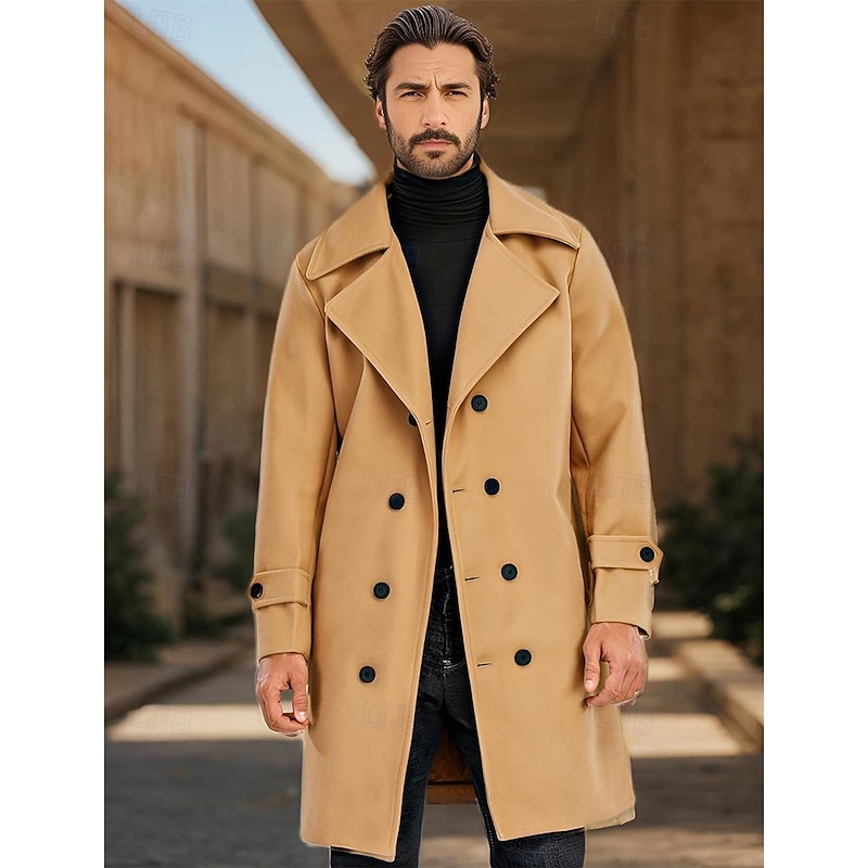 Men's Winter Coat Overcoat Peacoat Trench Coat Daily Vacation Fall & Winter 95% polyester 5% cotton Thermal Warm Outerwear Clothing Apparel Fashion Classic Plain Pocket Lapel Double Breasted