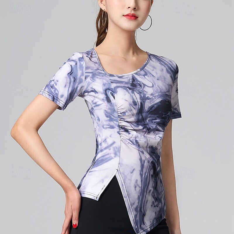 Latin Dance Top Printing Splicing Women's Performance Training Short Sleeve High Polyester4
