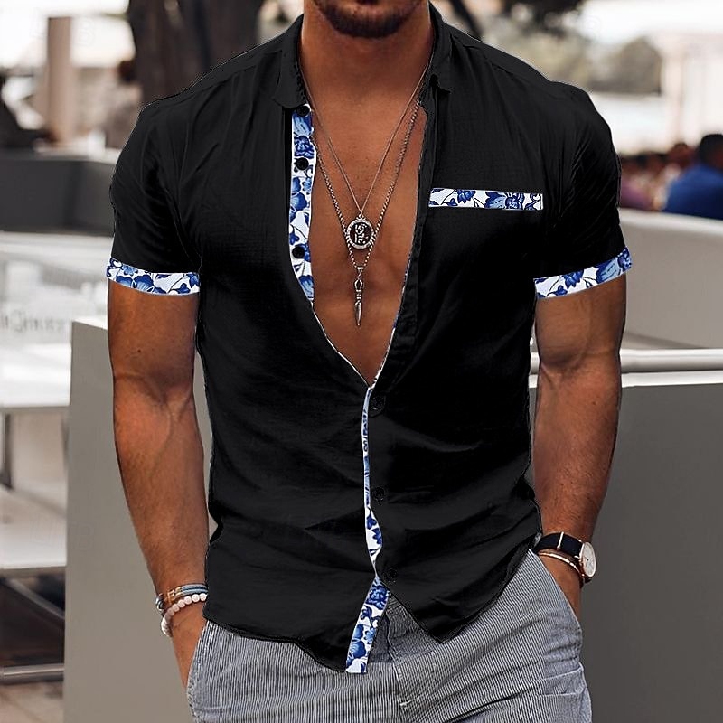 Men's Shirt Linen Shirt Summer Shirt Beach Wear Casual Shirt Button Up Shirt Color Block Vacation Curise Black White Pink Navy Blue Short Sleeve Lapel Summer Clothing Apparel Patchwork3
