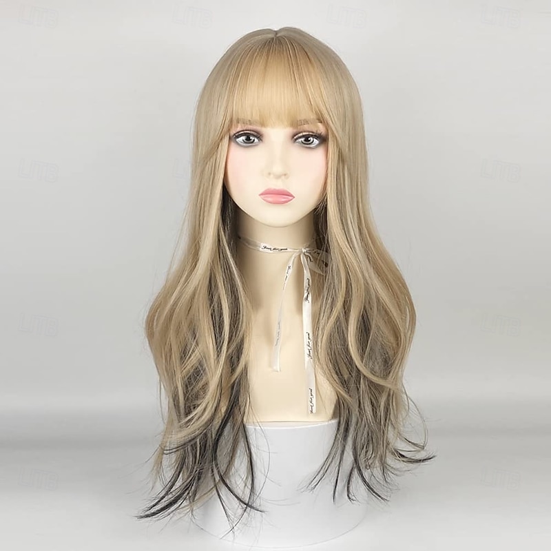 22 Inches long Wavy Hair Wig for Women Blonde Black Synthetic Hair Natural Curly Wig With Air Bangs Party Cosplay Wig for Girl