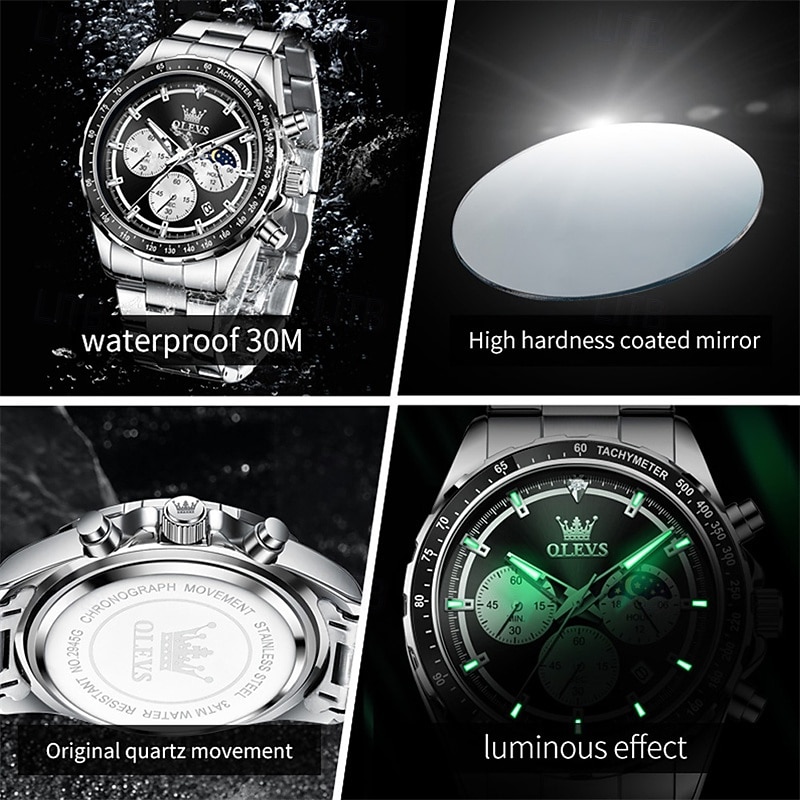New Olevs Brand Men'S Business Steel Belt Watch Luminous Calendar Small Three-Hand Moon Phase Fashion Trend Quartz Watch Waterproof Sports And Leisure Watches2