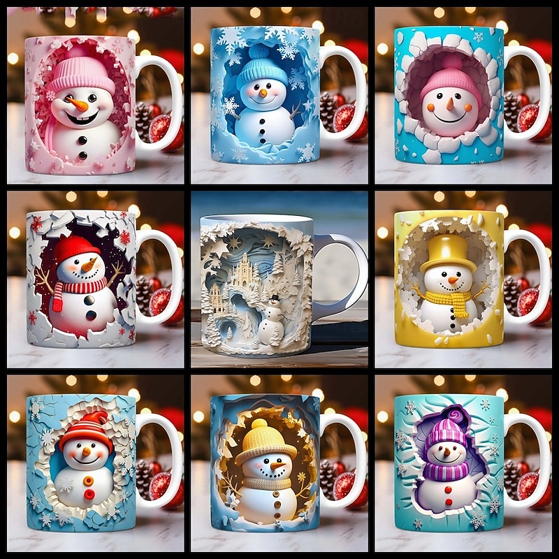 Christmas Gift Mug 3D Illusion Snowman- Ceramic Coffee Cup, Xmas Holiday Gift - Festive and Unique 330ml/11.2oz