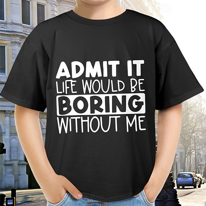 100% Cotton Kids Boys Black Letters T shirt Tops Crew Neck Short Sleeve Casual Daily Wear Vacation Fashion Sport Print Summer