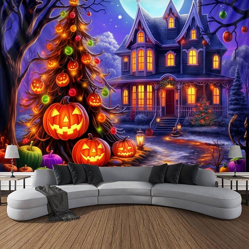 Halloween Decorations Blacklight Tapestry Pumpkins Halloween Trees UV Reactive Glow in the Dark Party Psychedelic Trippy Misty Hanging Tapestry Wall Art Mural for Living Room Bedroom Ghost Castle4