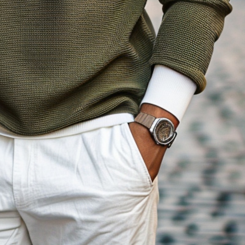 Men's Waffle T-shirt Pullover Sweatshirt Tee Top Long Sleeve Shirt Long Sleeve Crew Neck Spring &  Fall Plain Fashion Designer Basic Fashion Fake two piece Vacation Street Going out Dark Brown Army3