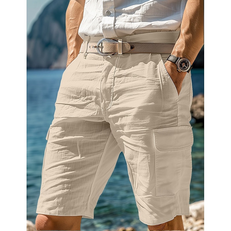 Men's Cargo Shorts Shorts Linen Shorts Summer Shorts Beach Shorts Multi Pocket Straight Leg Plain Comfort Breathable Knee Length Casual Daily Holiday Fashion Designer White Navy Blue2