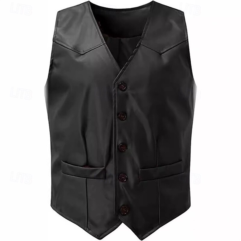 Men's Vest Gilet Leather Vest Daily Date Vacation Fashion Casual Spring &  Fall Button Pocket Polyester Comfortable Plain Single Breasted One-button V Neck Regular Fit Black Burgundy Camel Vest3