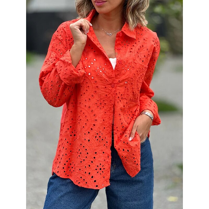 Women's Blouse Stylish Solid Color Hollow Out Long Sleeve Regular Tops Shirt Collar Daily White Red Purple Green Spring Fall2