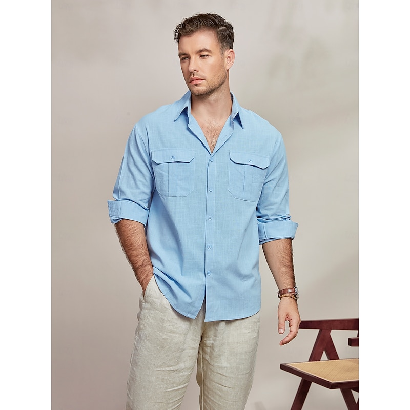 Men's Shirt Summer Shirt Beach Wear Casual Shirt Cotton Linen Shirt Button Up Shirt Plain Vacation Casual Blue Long Sleeve Lapel Spring & Summer Clothing Apparel Pocket2