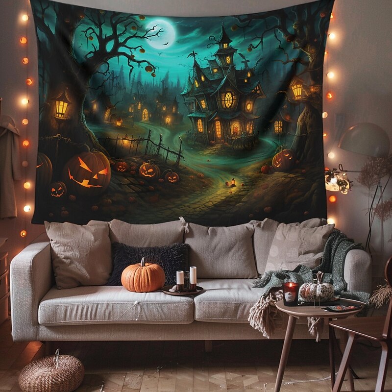 Halloween Decorations Hanging Tapestry Pumpkin Dwarf House Wall Art Large Tapestry Mural Decor Photograph Backdrop Blanket Curtain Home Bedroom Living Room Decoration3