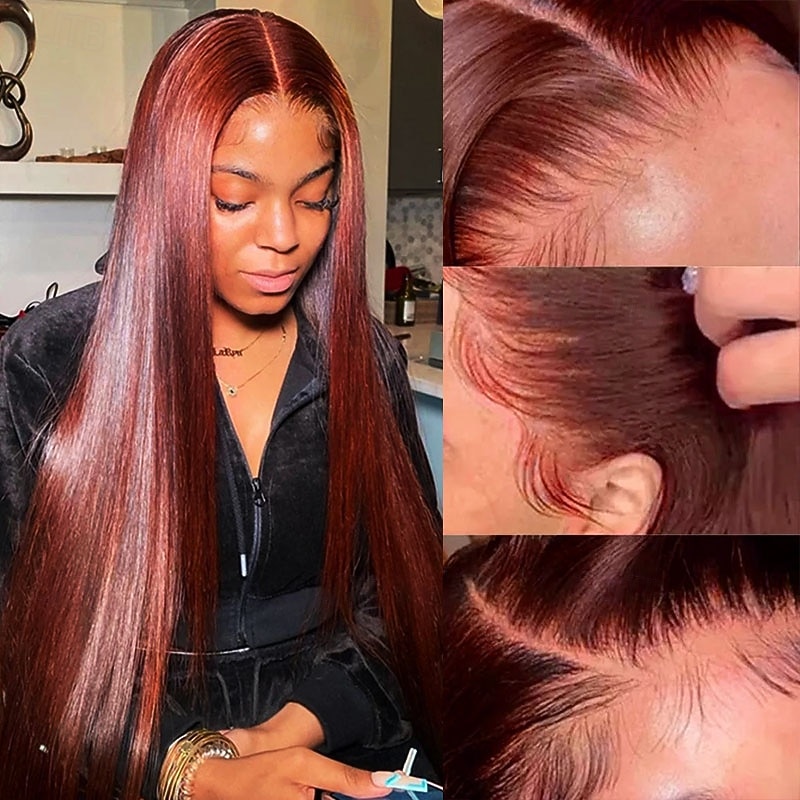 Chocolate Brown 33# 13*4 Lace Frontal Wigs Straight Human Hair Wigs 150% Density With Baby Hair3