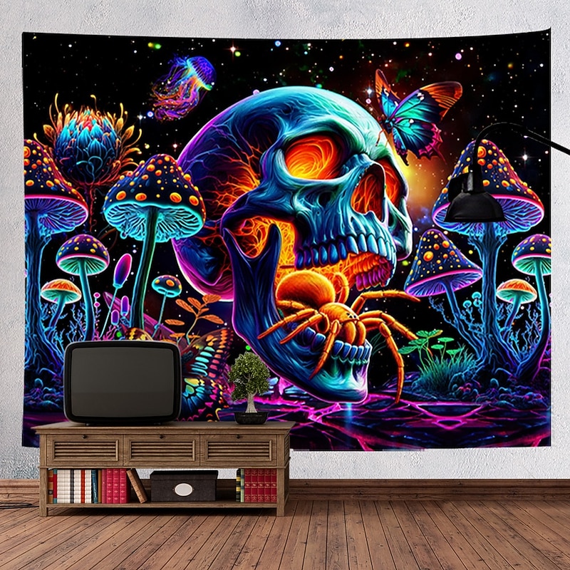 Halloween Blacklight Tapestry UV Reactive Glow in the Dark Glow Party Neon DJ Skulls Trippy Misty Hanging Tapestry Wall Art Mural for Living Room Bedroom3