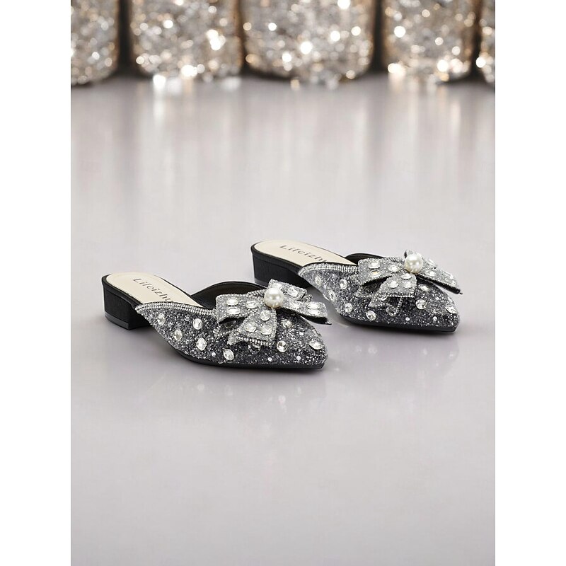 Women's Black Glitter Mules with Rhinestone and Pearl Bow Detail for Parties and Formal Events4