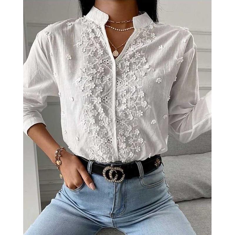 Women's White Elegant Lace Tops Eyelet Blouse Stylish Modern Solid Color Long Sleeve High Neck Embroidered Hollow Out Regular Fit Work Daily Romantic Petite Tops Summer Holiday Wear White Spring Fall3
