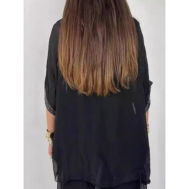 Women's Elegant Fashion Blouse Pants Trousers 3/4 Length Sleeve Round Neck Solid Color Sequins Mesh Work Daily Black Purple Brown Summer Loose Fit2