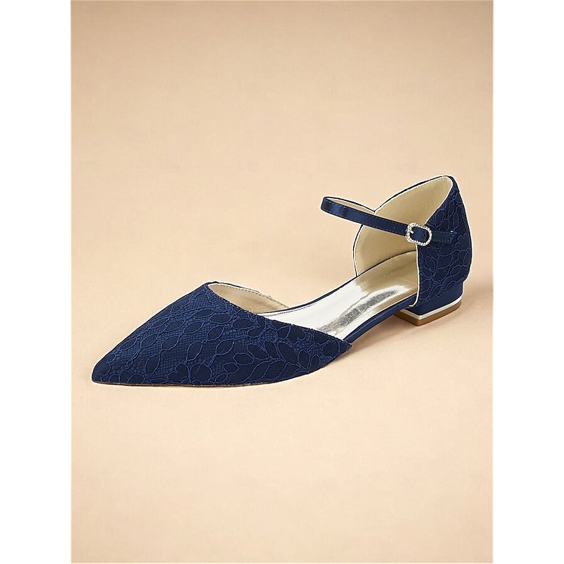 Women's Navy Blue Lace Flats with Ankle Strap and Pointed Toe - Elegant Wedding and Evening Shoes2