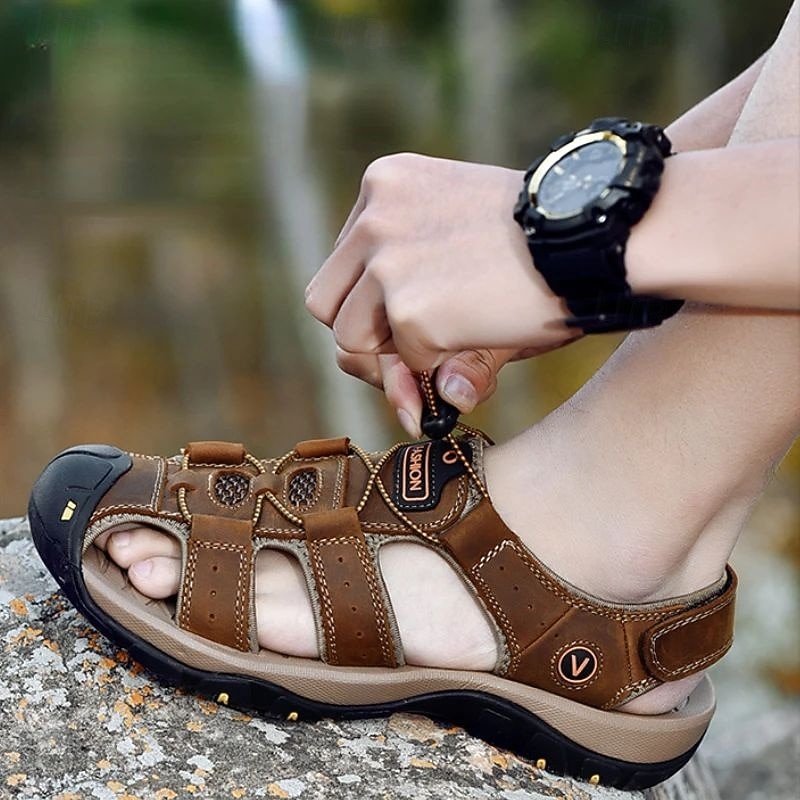 Men's Outdoor Beach Sandals, Genuine Leather with Velcro Closure, Breathable and Comfortable3