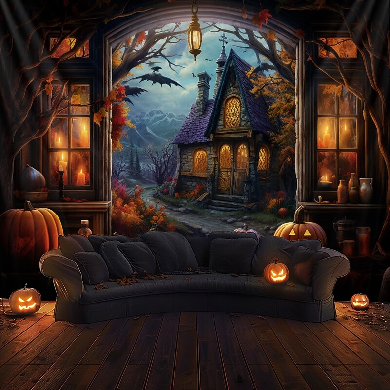 Halloween Decorations Pumpkins Window Hanging Tapestry Wall Art Large Tapestry Mural Decor Photograph Backdrop Blanket Curtain Home Bedroom Living Room Decoration 10