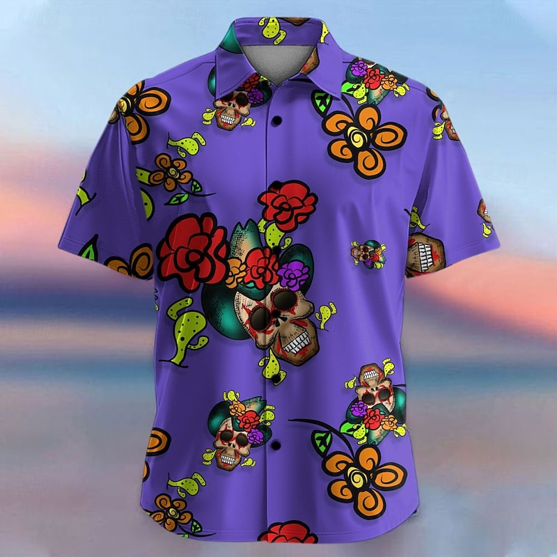 Men's Floral Skull Tropical Flowers Summer Hawaiian Shirt Button Up Shirt Aloha Shirt Short Sleeve Shirt Collared Shirts Hawaiian Casual Vacation Party Evening Wear Daily Purple Fuchsia Orange S M L 6
