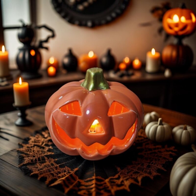 Halloween Ceramic Pumpkin Lantern - Nordic Creative Skull Head Light-Up Table Decor for Halloween Scene Setup and Festive Decorations2