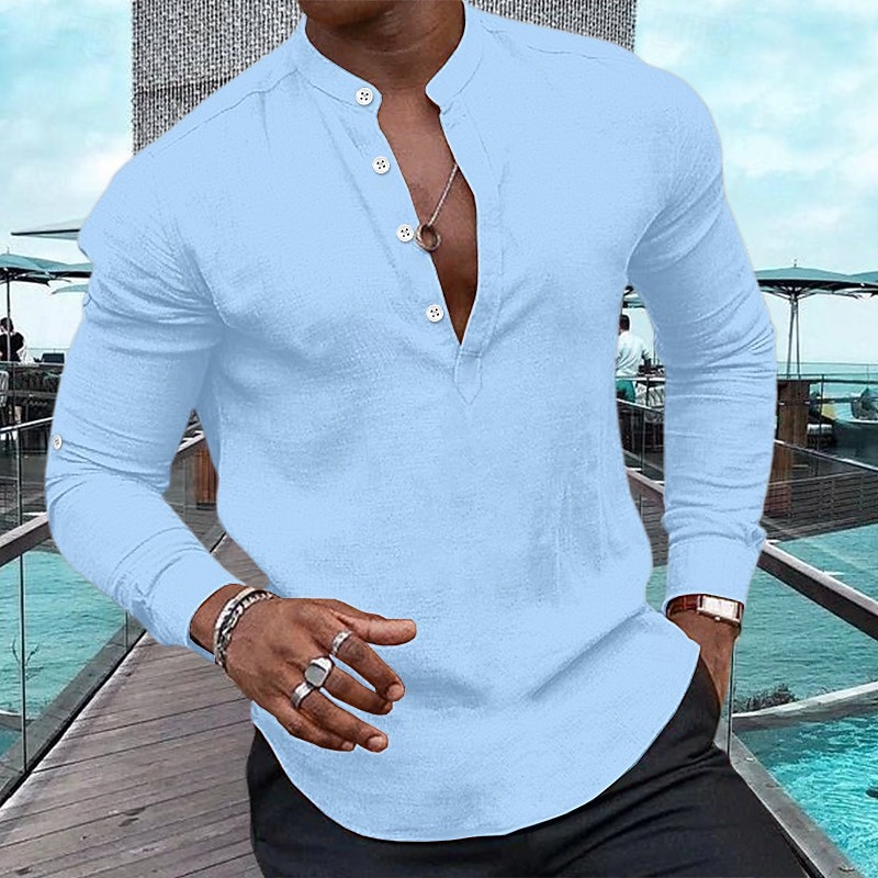Men's Shirt Linen Shirt Popover Shirt Summer Shirt Beach Wear Casual Shirt Plain Vacation Casual Black White Pink Navy Blue Long Sleeve Henley Spring & Summer Clothing Apparel4