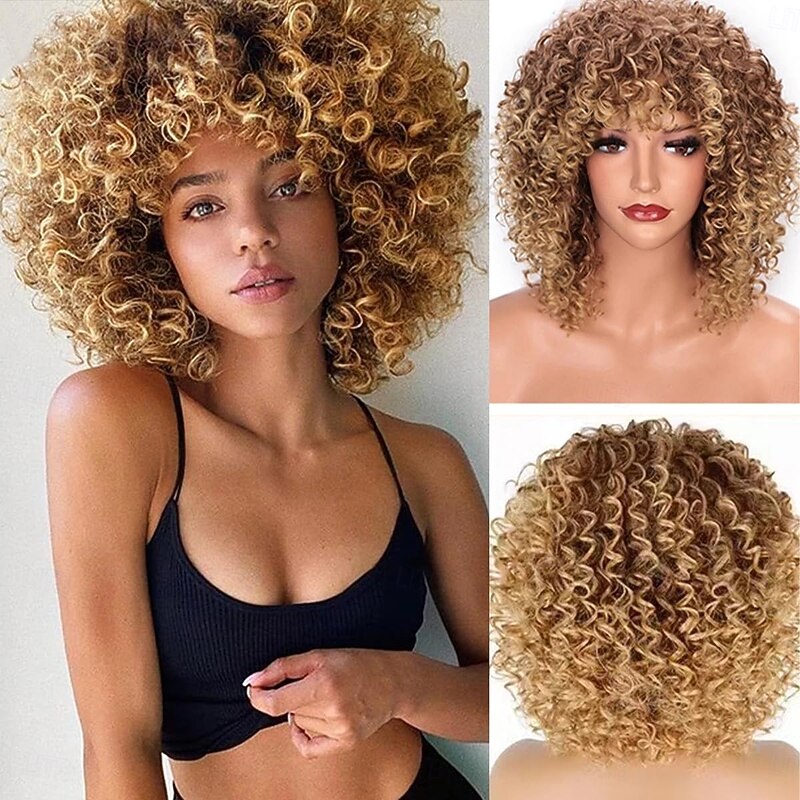 Afro Blonde Curly Wigs for Black Women,Kinky Blonde Wig With Bangs Synthetic Heat Resistant Hair for Daily Use