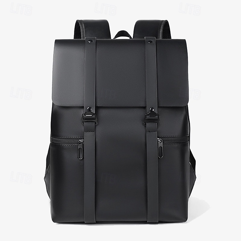 Men's Black Minimalist Faux Leather Backpack with Flap Cover – Sleek Waterproof Laptop Bag for Work, College, or Daily Commute