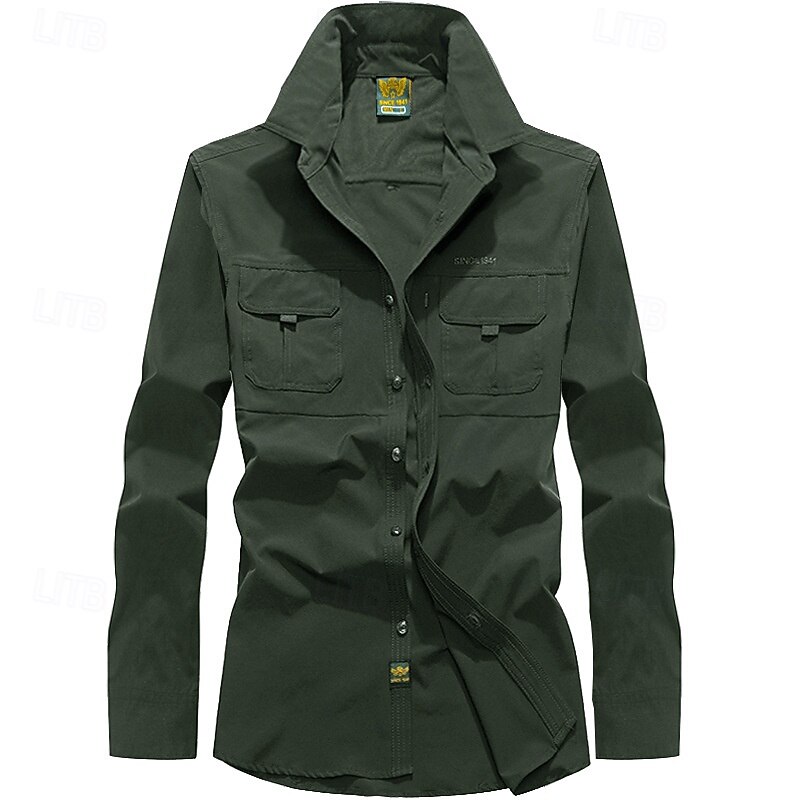 Men's Shirt Workwear Shirts Work Shirt Button Up Shirt Cargo Shirt Black Blue Green khaki Light Grey Long Sleeve Plain Lapel Vacation Holiday Front Pocket Clothing Apparel Fashion Casual Comfortable3