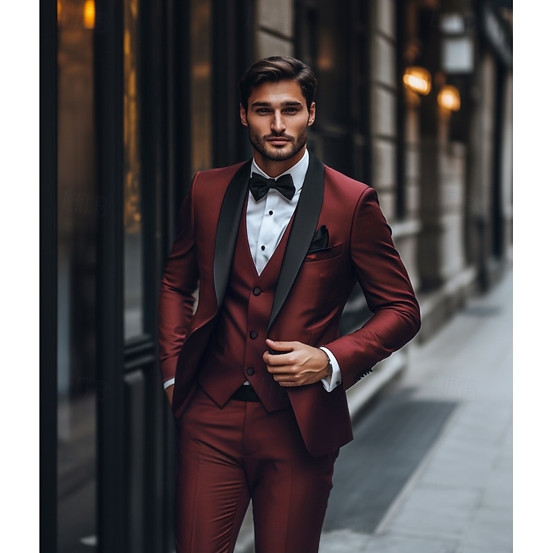 Men's Wedding Christmas Suits Burgundy Blue Daily Party Solid Colored Tailored Fit 3 Piece Single Breasted One-button