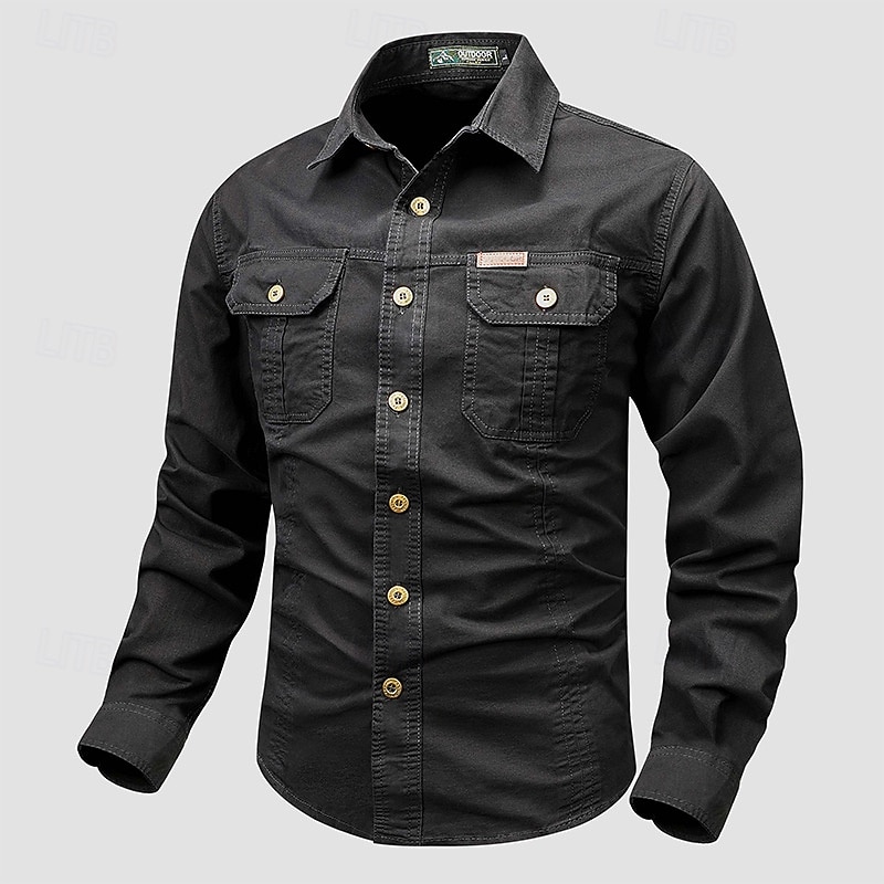 Men's Shirt Workwear Shirts Work Shirt Button Up Shirt Cargo Shirt Black White Red khaki Army Green Long Sleeve Plain Lapel Vacation Holiday Front Pocket Clothing Apparel 100% Cotton Fashion Casual2