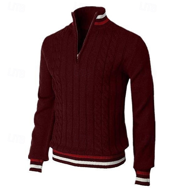 Men's Pullover Sweater Jumper Knit Sweater Ribbed Knit Regular Knitted Color Block Quarter Zip Fashion Basic Daily Wear Date Clothing Apparel Fall & Winter Wine Black S M L4