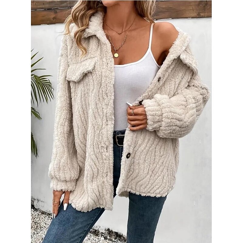 Women's Fleece Jacket Teddy Coat Warm Breathable Buttons Pocket Casual Plain Vacation Street Daily Wear Going out Single Breasted Regular Turndown Regular Fit Long Sleeve Outerwear Apricot Fall Winter