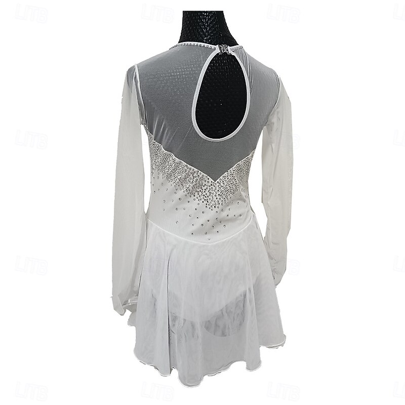 Figure Skating Dress Women's Girls' Ice Skating Dress White Patchwork Thumbhole Stretchy Training Practice Professional Skating Wear Crystal / Rhinestone Long Sleeve Ice Skating Figure Skating3
