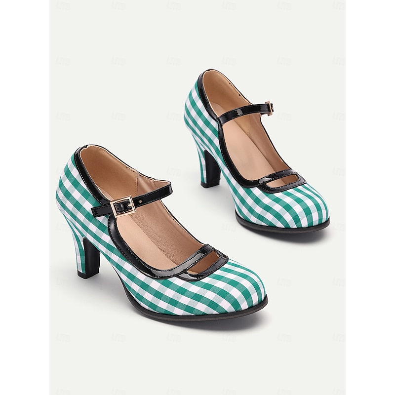 Women's Green Gingham Mary Jane High Heels with Buckle Strap, Retro Style for Vintage-Inspired Outfits and Costume Parties2