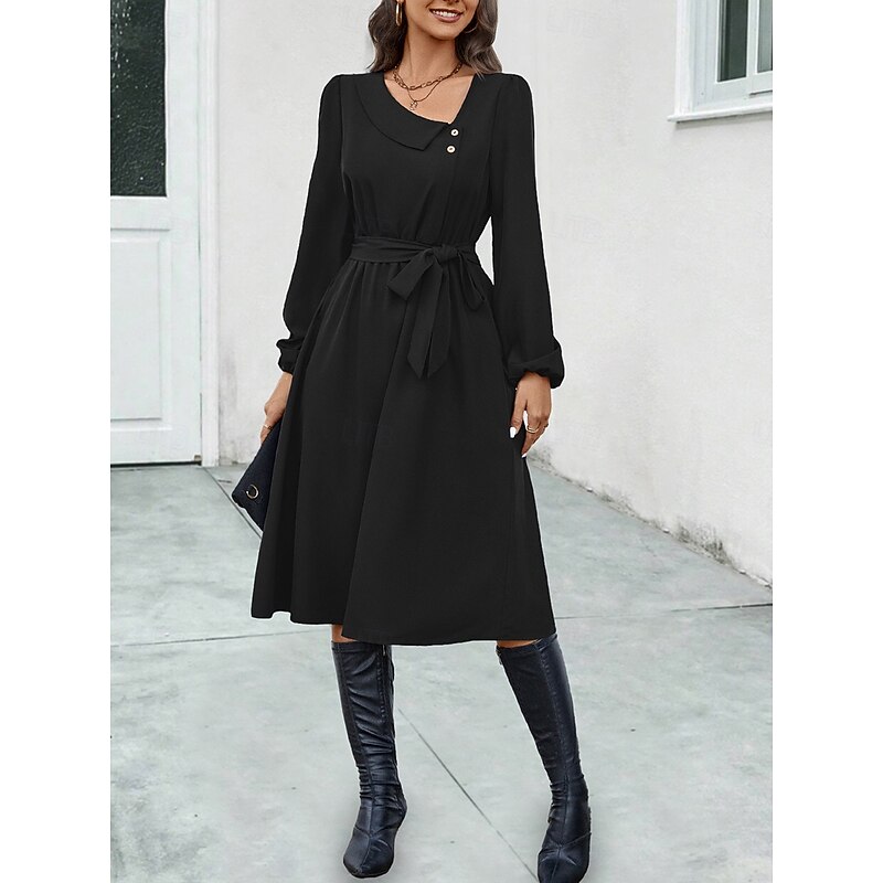 Women's Midi Dress Elegant Dark Green Long Sleeve Belted V-Neck Button Detail Work Casual A-line Flowy Versatile Autumn Spring Clothing Apparel2