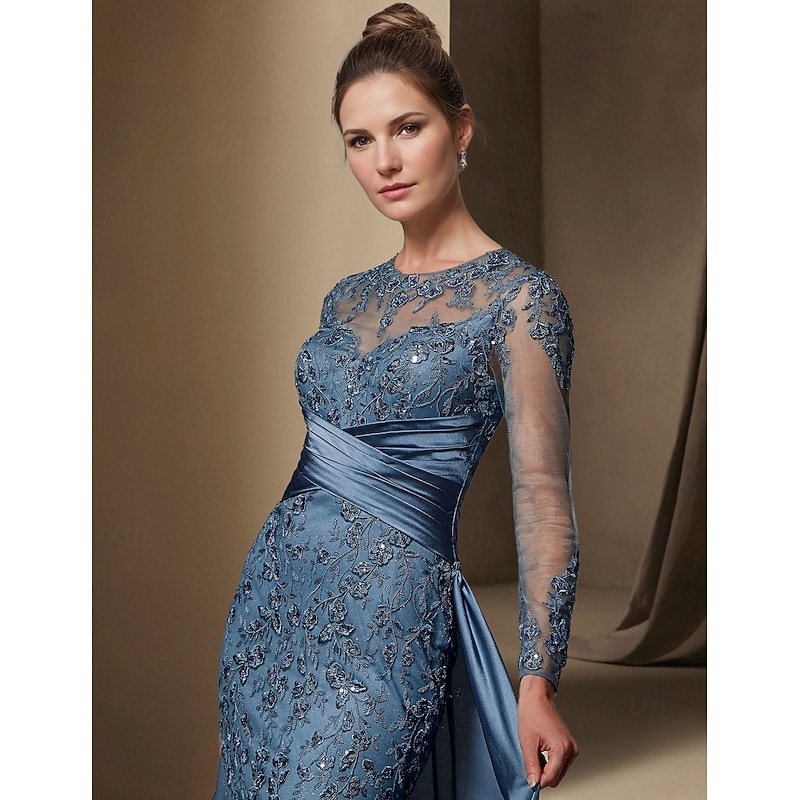 Mermaid Chrismas Dress Mother of the Bride Dress Wedding Guest Elegant Jewel Neck Sweep / Brush Train Stretch Satin Long Sleeve with Lace Sequin Ruching dress to impress3