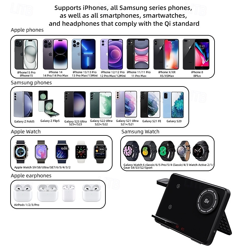 Wireless Charger 15 W Output Power Wireless Charging Station CE Certified Fast Wireless Charging MagSafe 4 in 1 For Apple Watch iPhone 14/13/12/11 Pro Max Cellphone Gear S3 Frontier Gear S2 Classic2