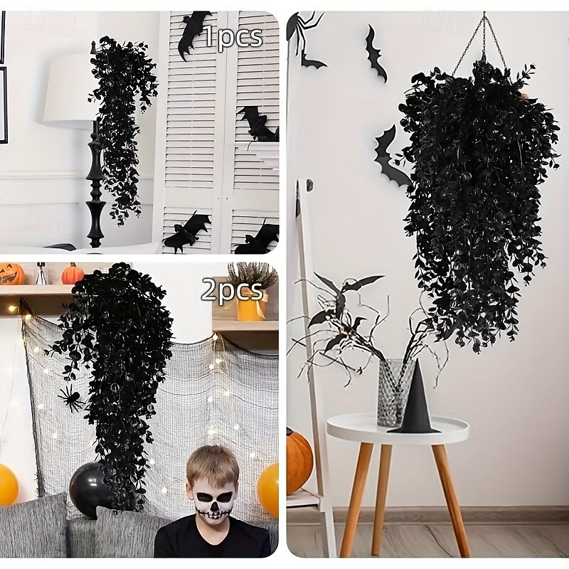 2/4 Bundles Halloween Artificial Plant Hanging Eucalyptus Leaf Fake Outdoor Faux Plastic Greenery for Wall House Room Patio Indoor Home Shelf Office Decor4