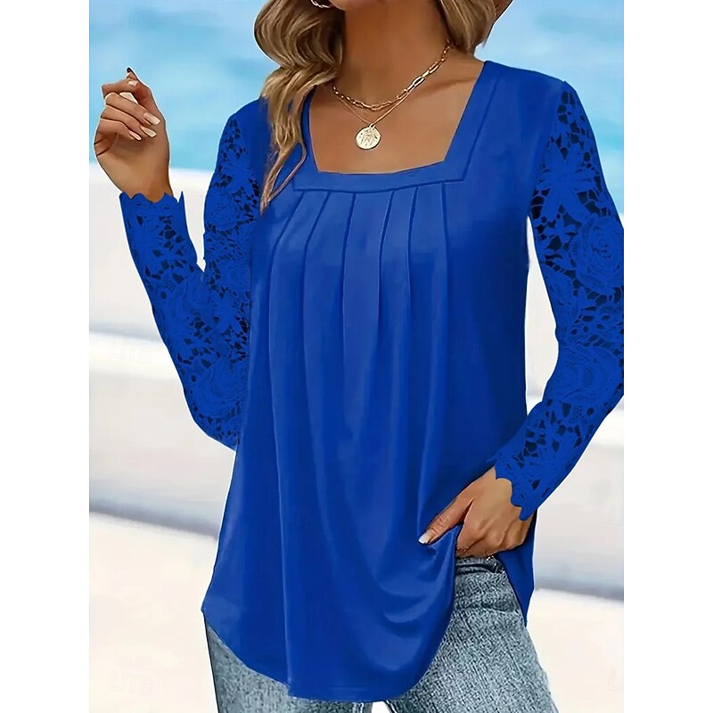 Women's White Elegant Lace Tops Eyelet Blouse Casual Solid Color Lace Long Sleeve Regular Tops Square Neck Daily Romantic Petite Tops Summer Holiday Wear White Pink Blue Spring Fall2