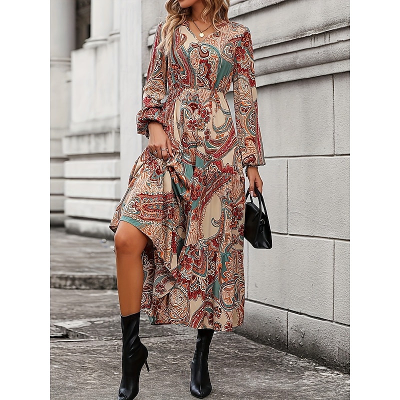 Women's Maxi Dress Casual Dress Boho Dress Casual Daily Loose Fit Graphic Long Sleeve V Neck Brown Spring Fall3