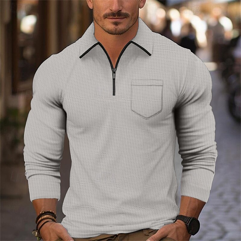 Men's Waffle Polo Shirt Quarter Zip Polo Daily Holiday Quarter Zip Long Sleeve Fashion Modern Plain Front Pocket Spring &  Fall Regular Fit Black White Navy Blue Light Grey Beige Waffle Polo Shirt2