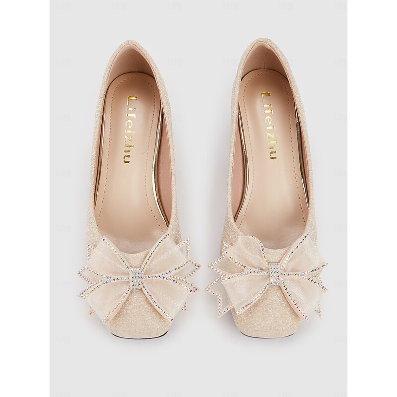 Women's Gold Glitter Block Heel Pumps with Bow Decoration - Elegant Party and Evening Shoes3