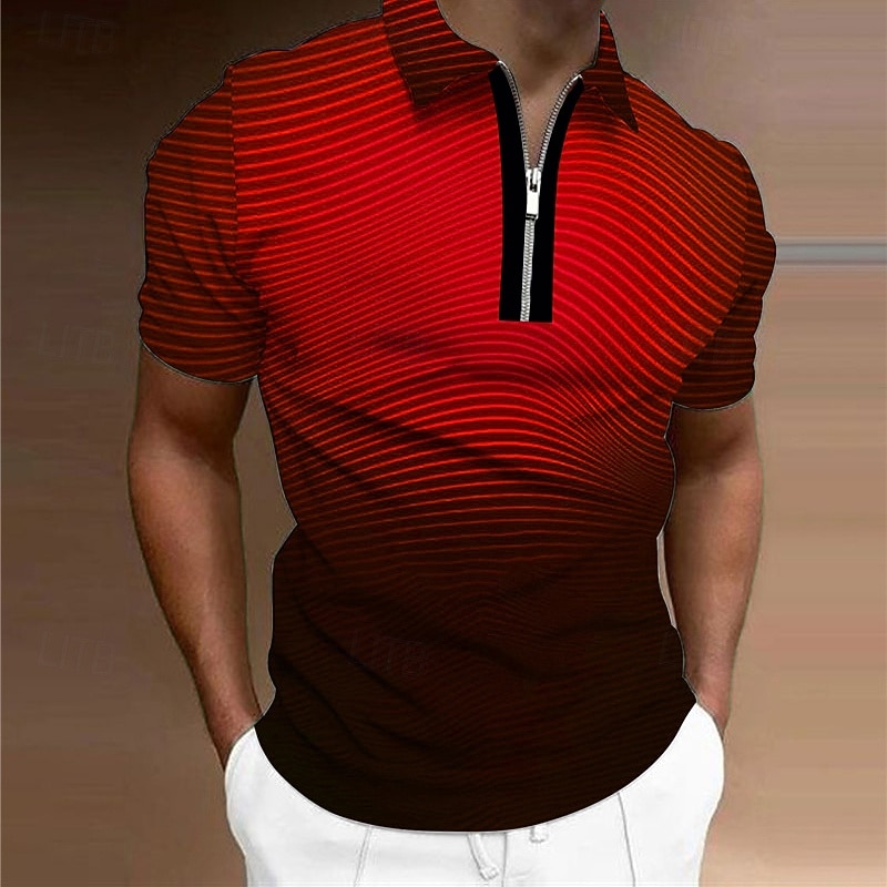 Men's Striped Zip Polo Shirts Golf Shirt Short Sleeve Polo Shirts Collared Shirts Business Casual Vacation Wear Formal Wear Festival Wear 3D Print Quarter Zip Polo Red Blue Purple4