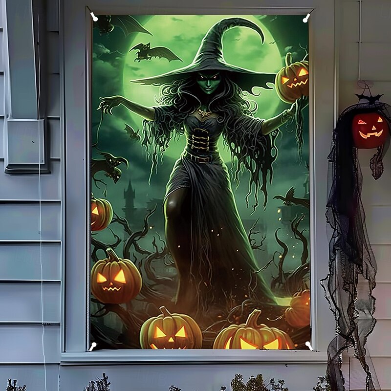 Halloween Window Cover Decorations, Fabric Scarecrow Halloween Curtain Horror Movie Poster Window Door Covering Decor for Haunted House, Scary Halloween Window Clings Decals Indoor Outdoor4