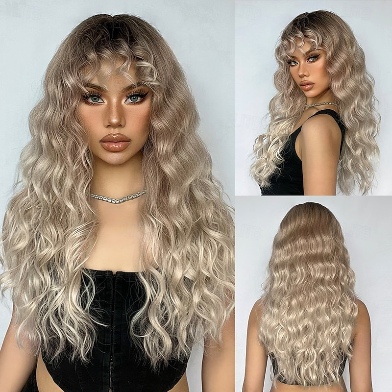 Synthetic Wig Wavy Bouncy Curl Middle Part Wig 26 inch Light golden Synthetic Hair Women's Middle Part Cool Adorable Blonde