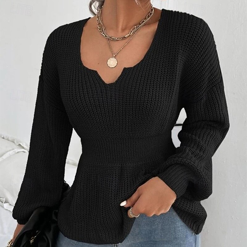 Women's Sweater Casual Solid Color V Neck V Neck Long Sleeve Regular Tops Knit Outdoor Daily Weekend Black Red Fall Winter